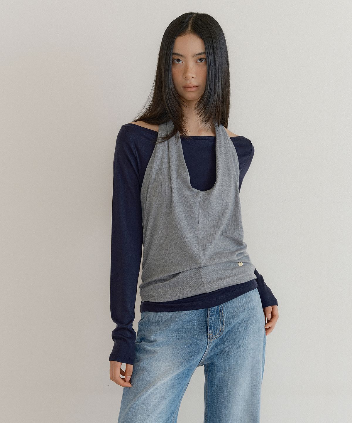루시르주(LUCIR ZU) Cowl Tank & Boatneck Top Set (gray)