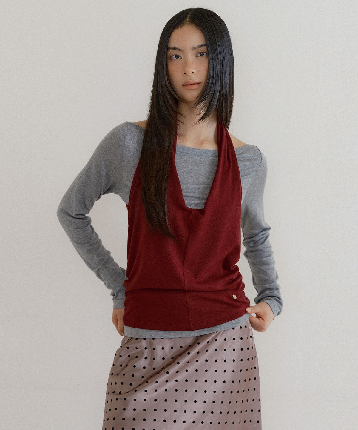 루시르주(LUCIR ZU) Cowl Tank & Boatneck Top Set (burgundy)