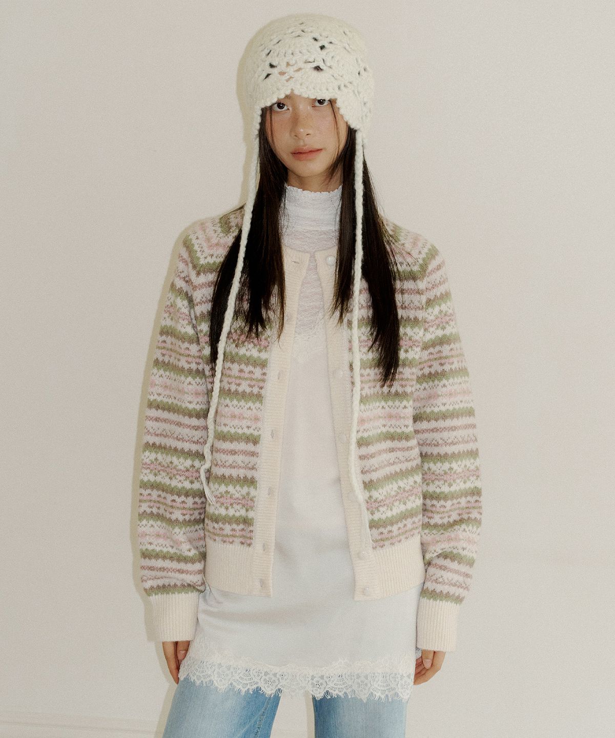 루시르주(LUCIR ZU) Fair Isle Raglan Sweater Cardigan (cream)