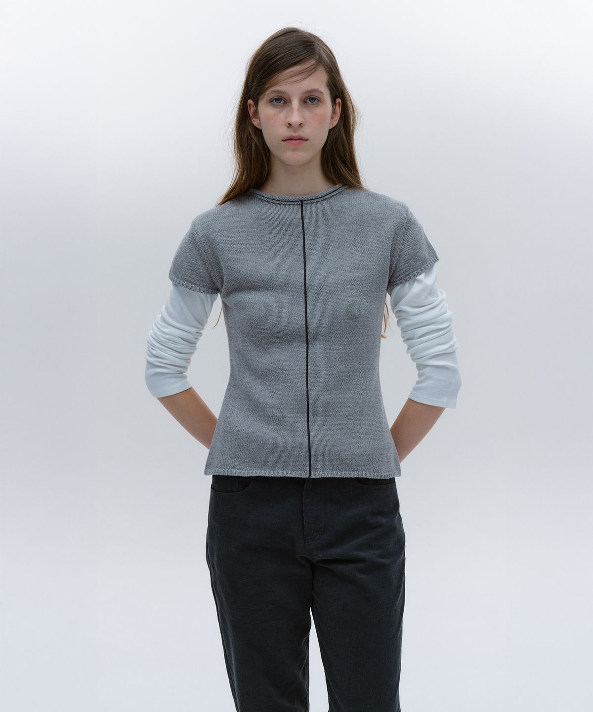 솔티페블(SALTY PEBBLE) LINE POINT SHORT-SLEEVE KNIT [GREY]