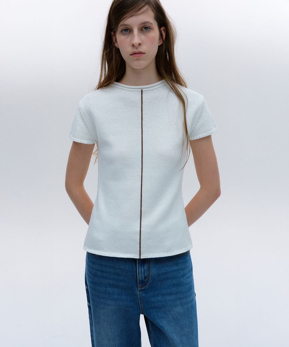 솔티페블(SALTY PEBBLE) LINE POINT SHORT-SLEEVE KNIT [IVORY]