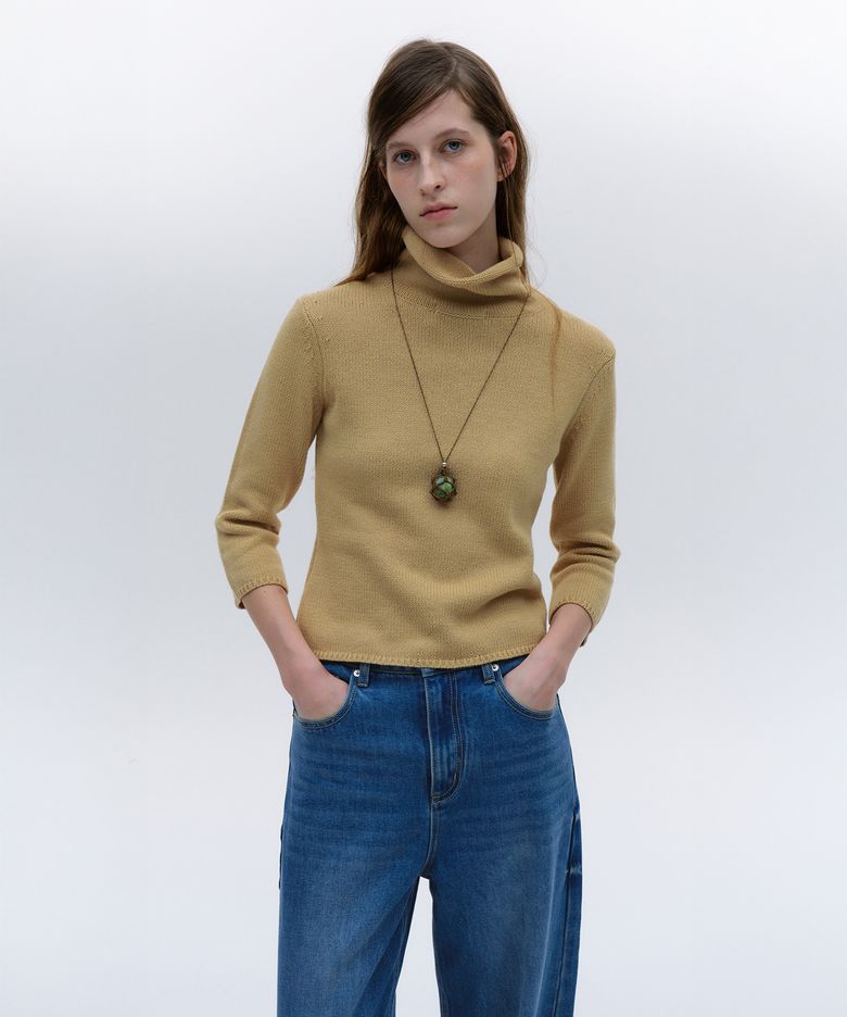 TWO-WAY COLLAR THREE-QUARTER SLEEVES KNIT [BEIGE]