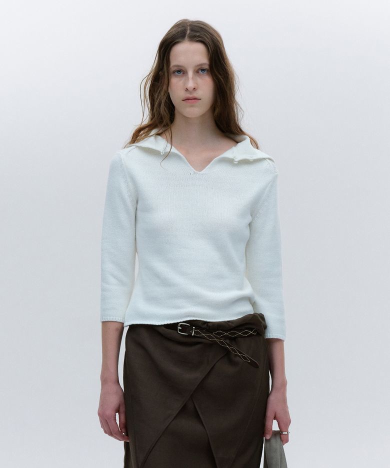 TWO-WAY COLLAR THREE-QUARTER SLEEVES KNIT [IVORY]