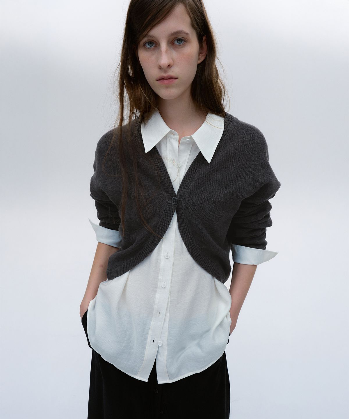 솔티페블(SALTY PEBBLE) KNIT BOLERO CARDIGAN [CHARCOAL]