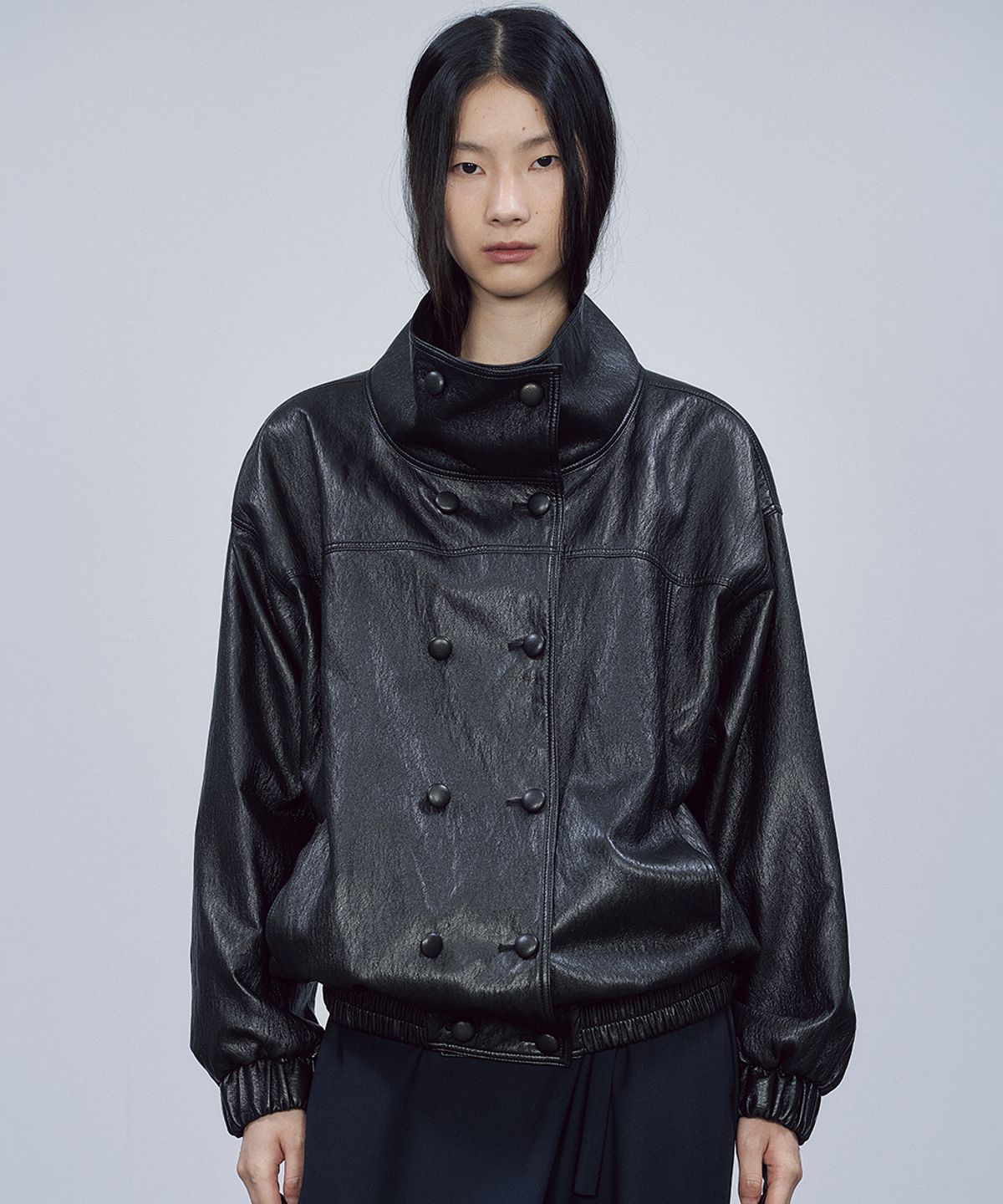솔티페블(SALTY PEBBLE) DOUBLE BUTTON OVERSIZE LEATHER JUMPER [BROWN]