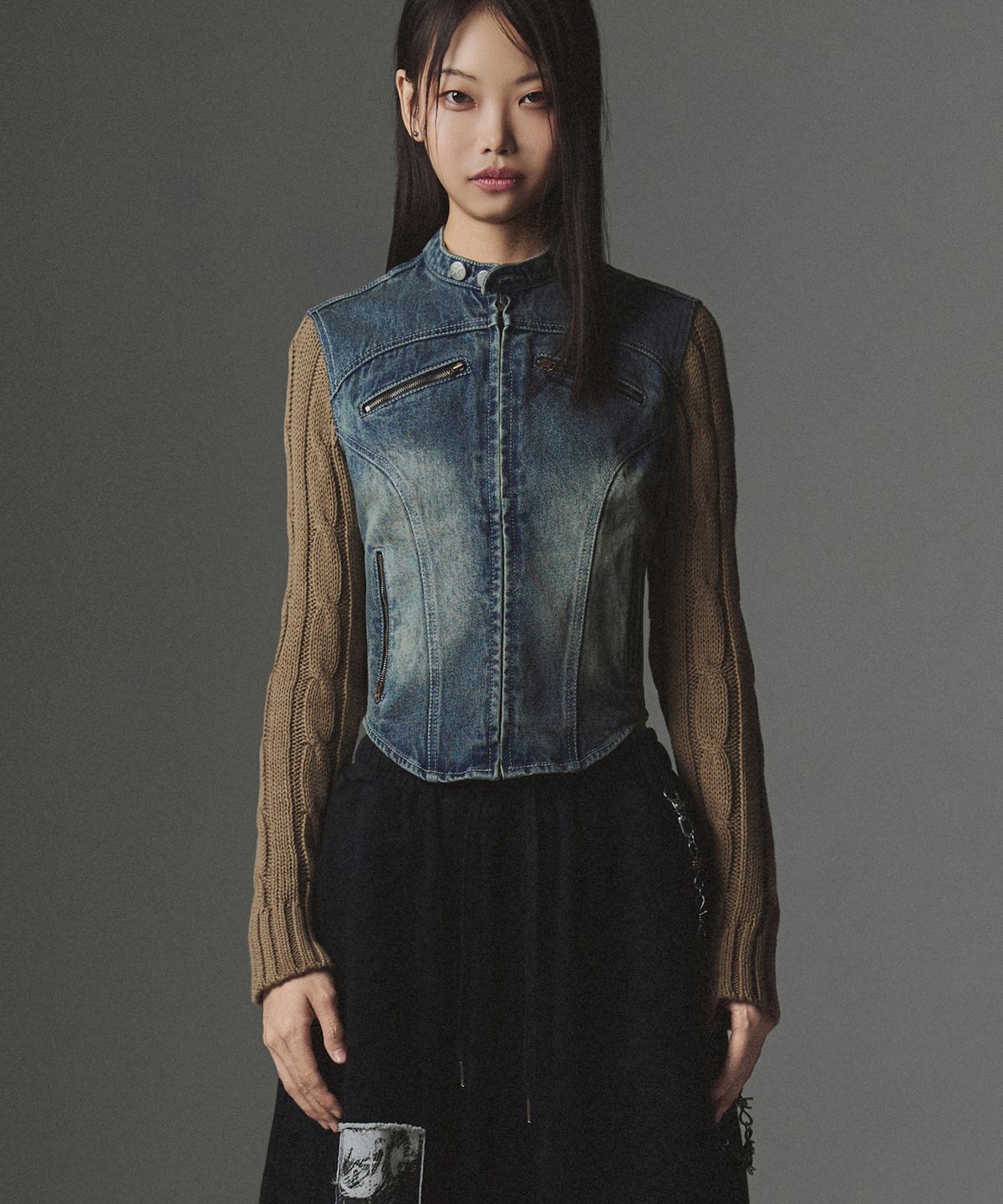 낫포너드(NOT4NERD) W Incision Knit Sleeve Denim Jacket - Deep Blue