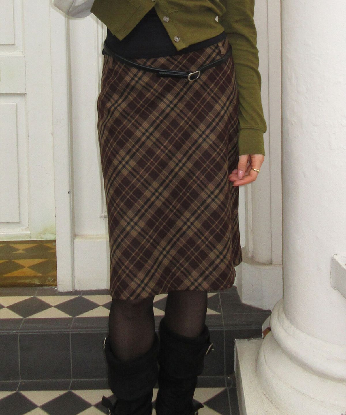 디망쉬(dimanche) Check Midi Skirt (brown)
