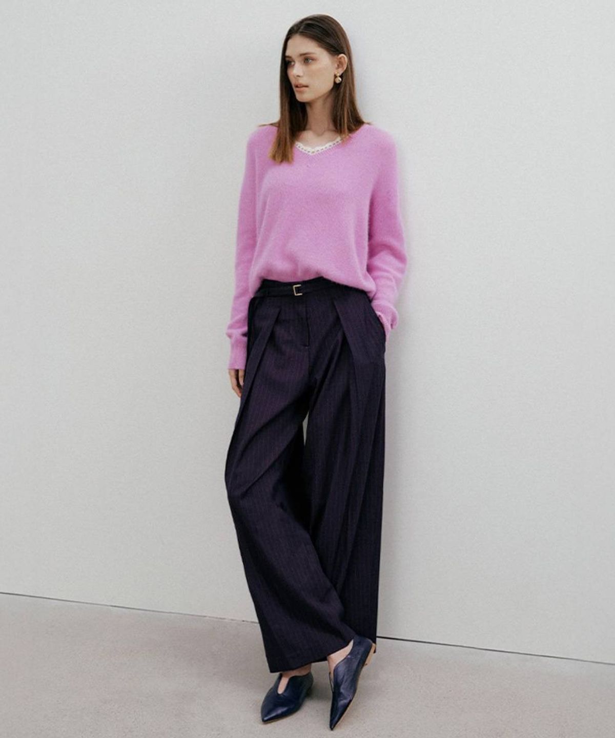 바니스뉴욕(BARNEYS NEWYORK) FW 레오 스트라이프 벨트 팬츠 네이비