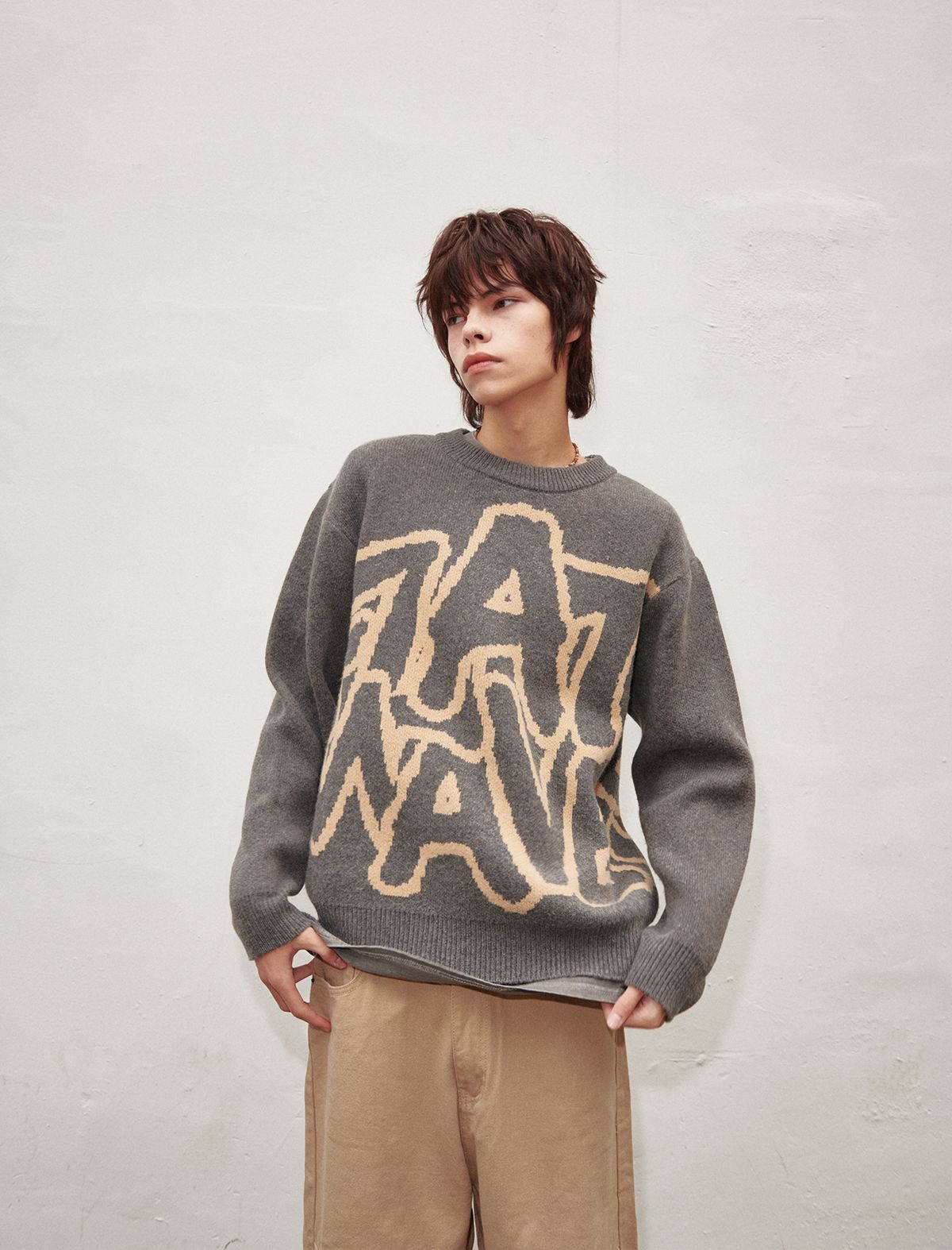 플랫웨이브 인 서울(FLATWAVE IN SEOUL) Ryef Wool Lettering Round Knit Charcoal