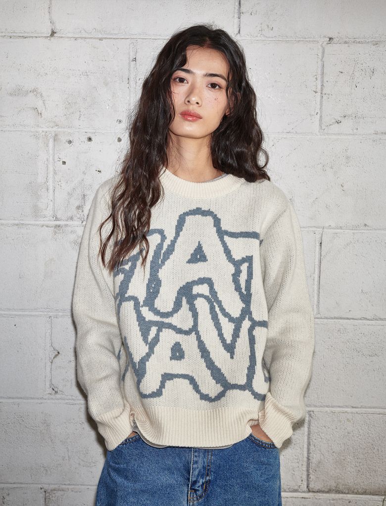 Ryef Wool Lettering Round Knit Oat Beige