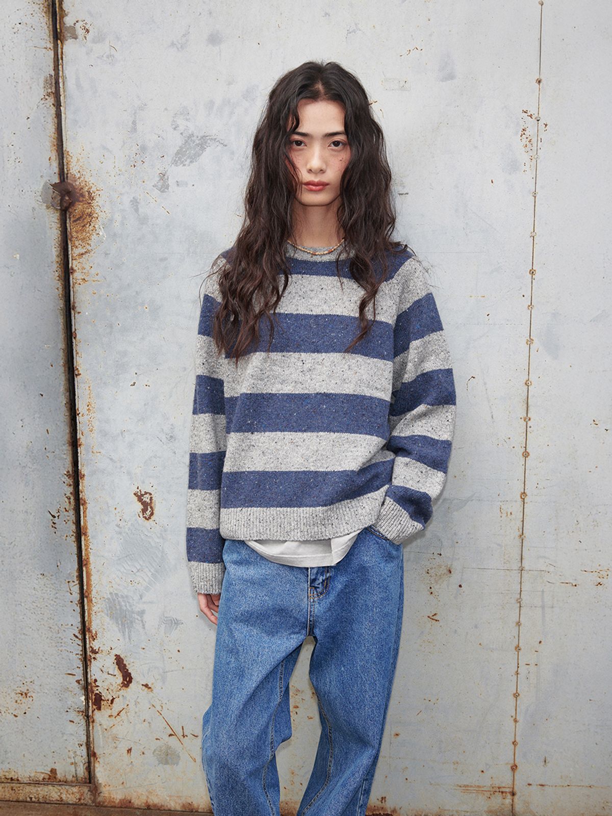 플랫웨이브 인 서울(FLATWAVE IN SEOUL) Noor Wool Stripe Round Knit Grey/Indigo