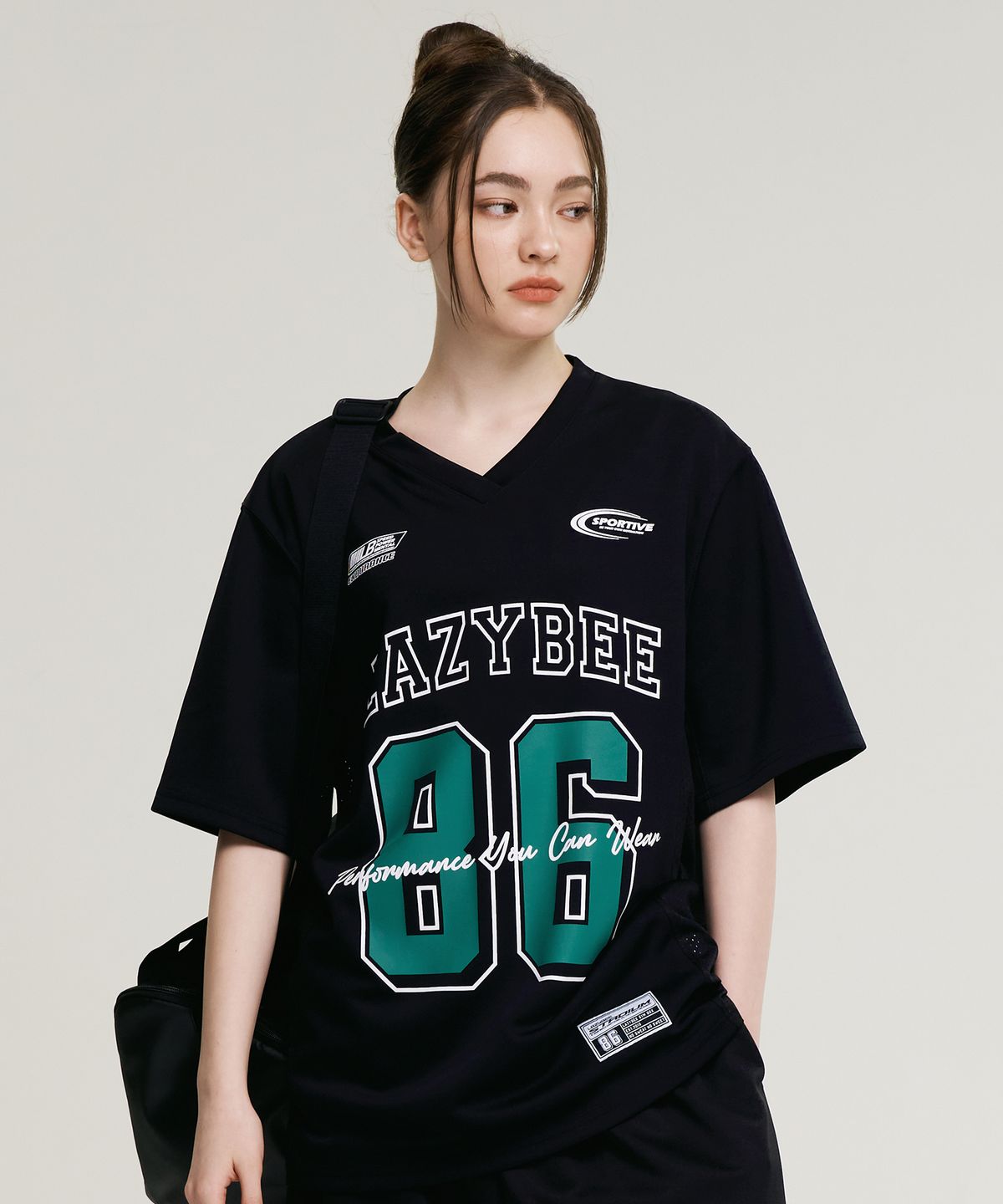 레이지비(LAZYBEE) 믹스드 매쉬 럭비 져지 상의 오버핏 반팔 W 운동복 숏 슬리브 티셔츠 블랙