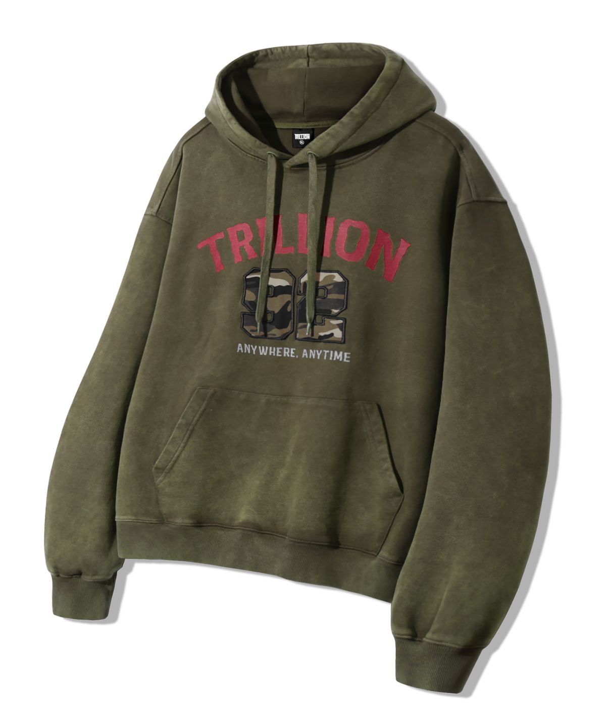 트릴리온(TRILLION) 카모 아플리케 그래픽 오버핏 후드_피그먼트 카키