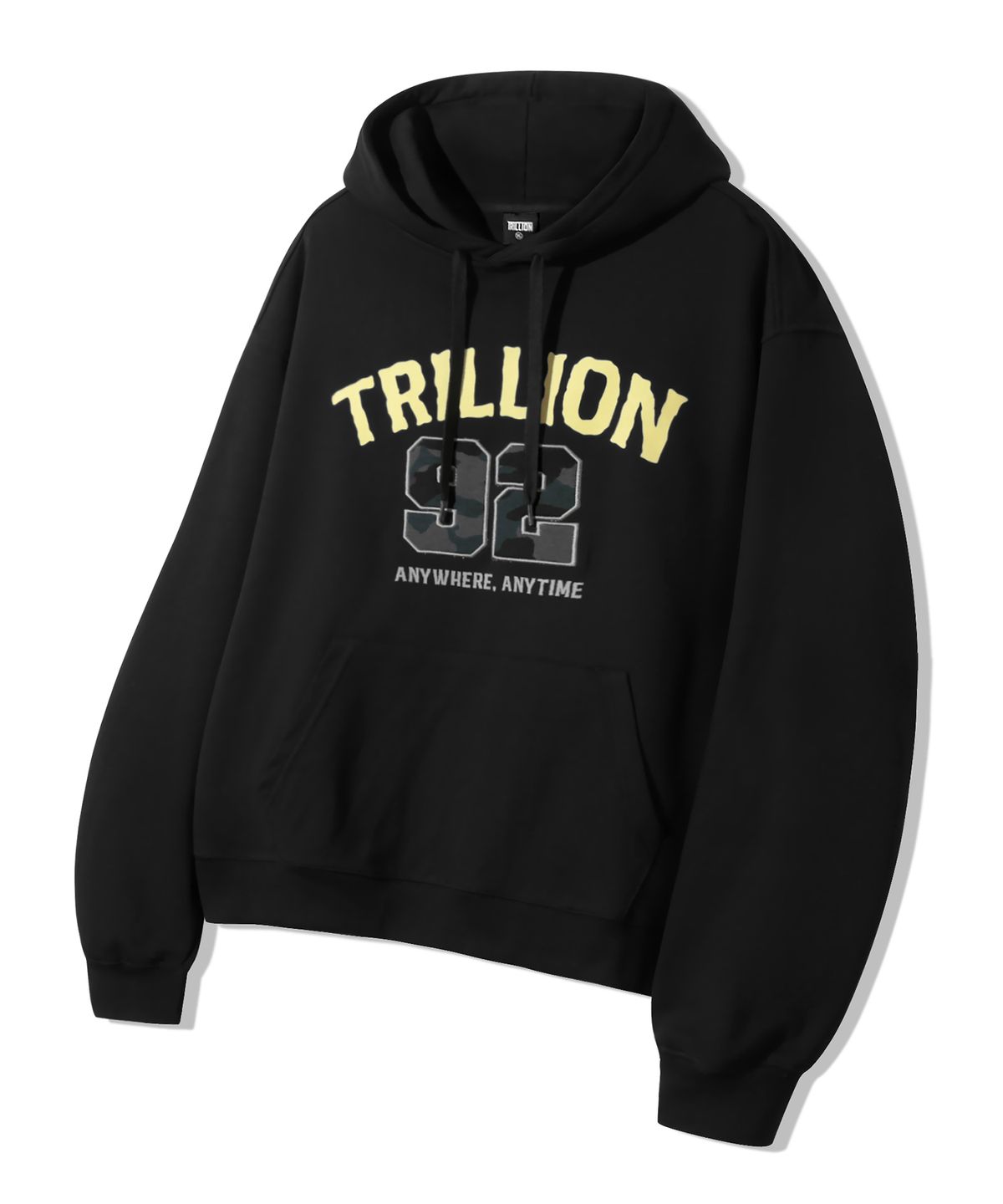 트릴리온(TRILLION) 카모 아플리케 그래픽 오버핏 후드_블랙