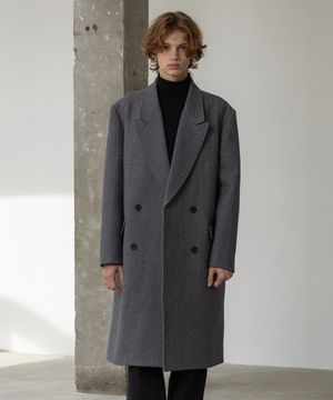 리브 피크드 라펠 울 더블 코트 [그레이]