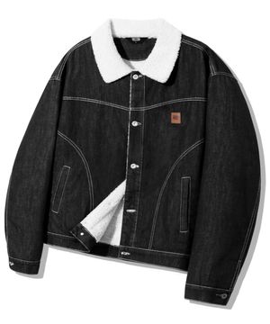 레더 패치 쉐르파 데님 자켓_블랙