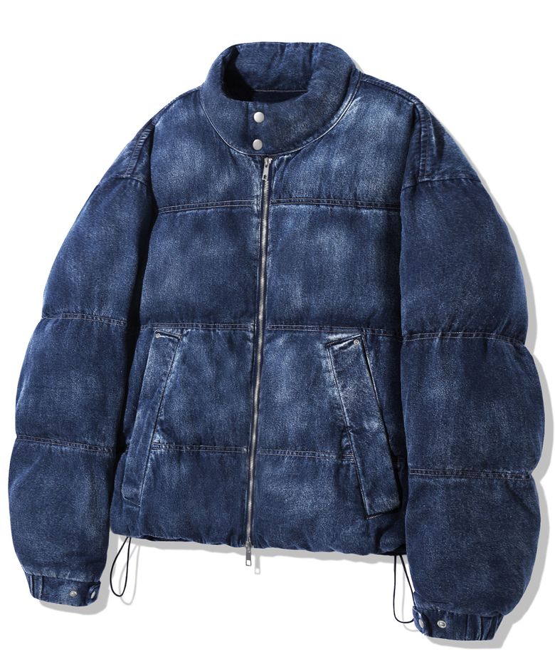 데님 워싱 바이커 패딩_미들 블루