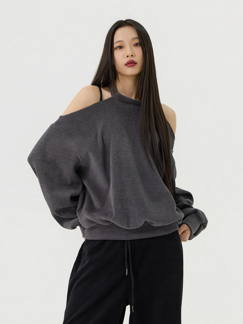 컷아웃 홀터넥 스웻 롱 티셔츠, 차콜