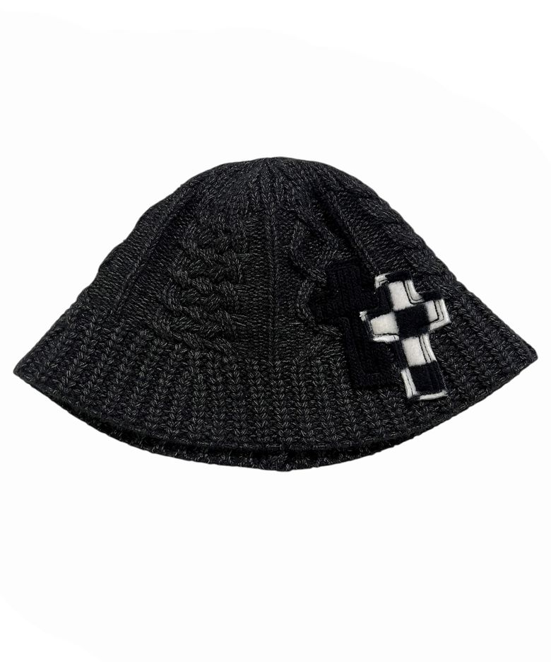 Cable Knit Cross Bucket Hat ((charcoal))