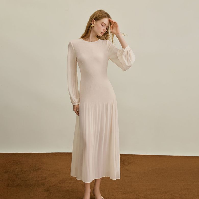 YY_Ivory puff sleeve slim dress