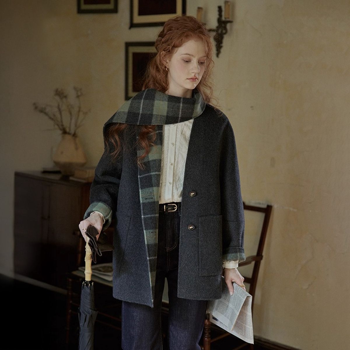 프라우드 마리(PROUD MARY) PM_Plaid muffler collar coat