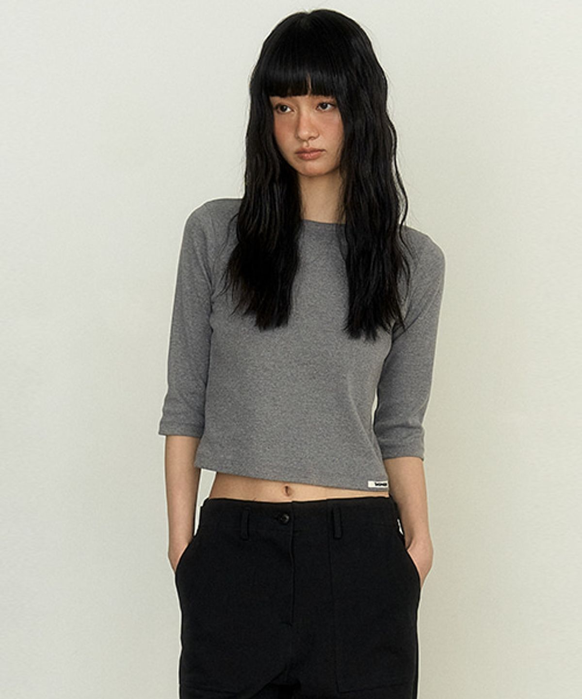 샵아라(SHOP,ARA) Logo Point 3/4 Sleeve t-shirt_Melange gray