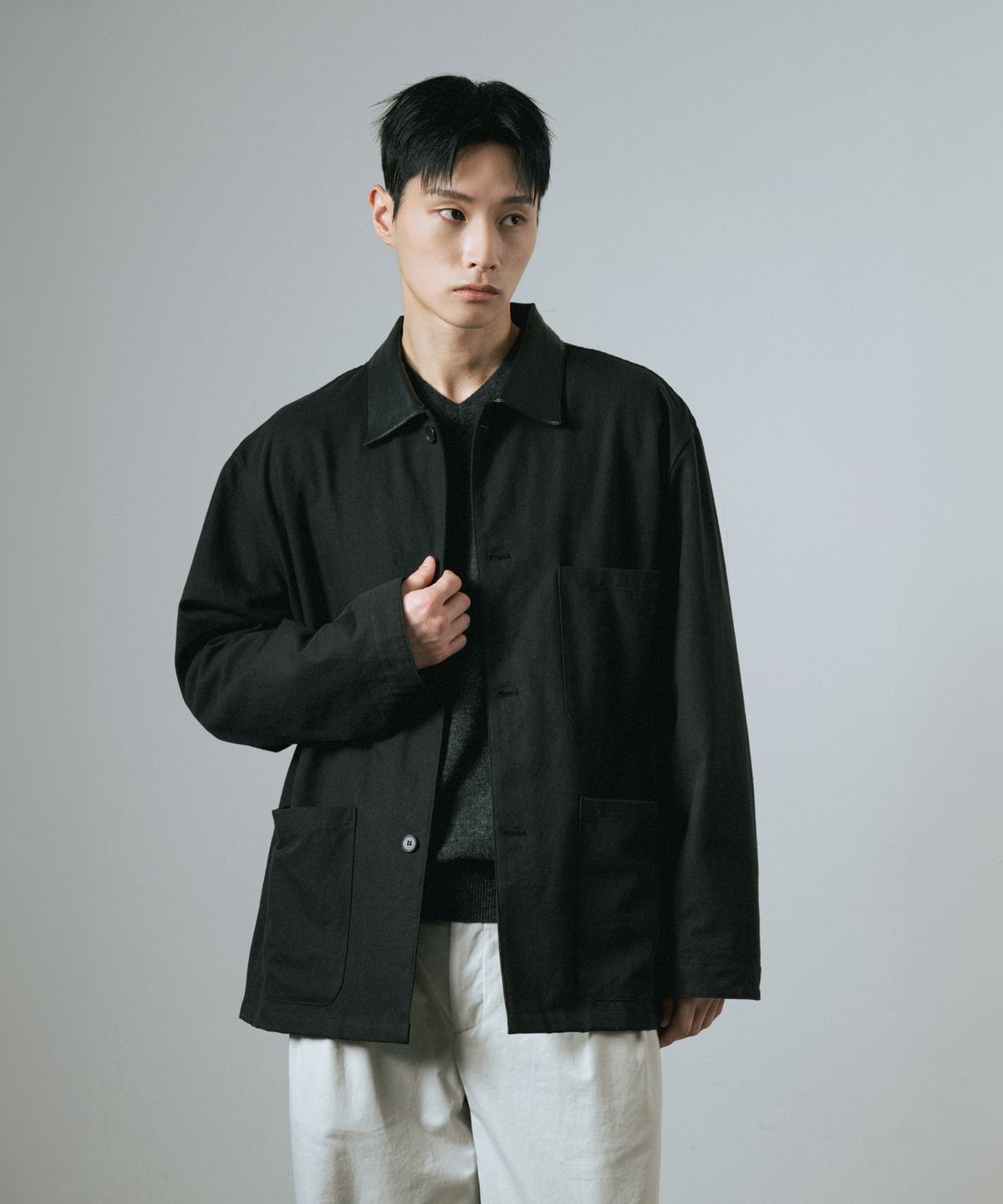 와기(WHAGI) Leather Collar Coverall Jacket (Black)