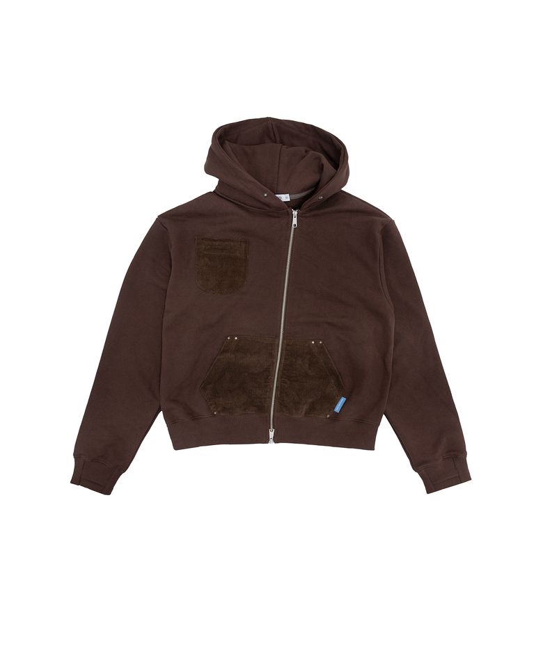 Unbalanced Studded Hoodie Zip-Up Brown