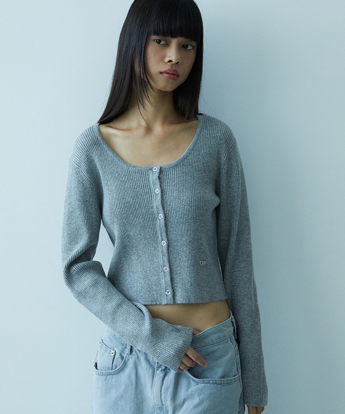 드헤베(DEHEVE) Round Ribbed Cardigan [Gray]