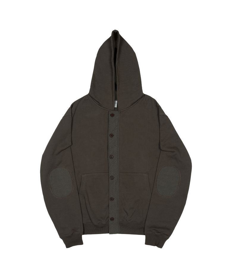 TCM check elbow patch hooded zip-up (khaki brown)