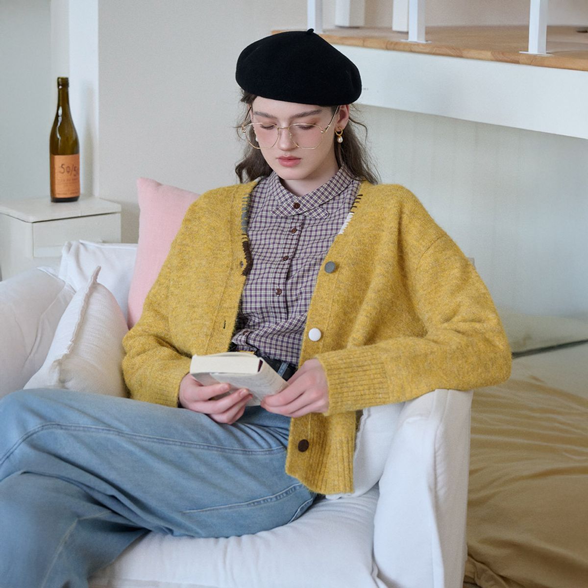 심플레트로(SIMPLE RETRO) SR_V-neck contrast knitted cardigan