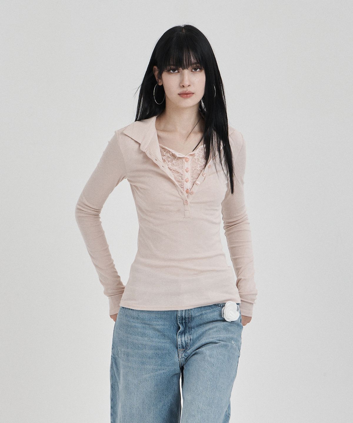 일리오(ILLIO) Pink Lace layered longsleeve polo shirts