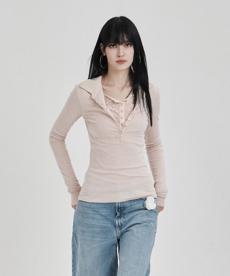 Pink Lace layered longsleeve polo shirts