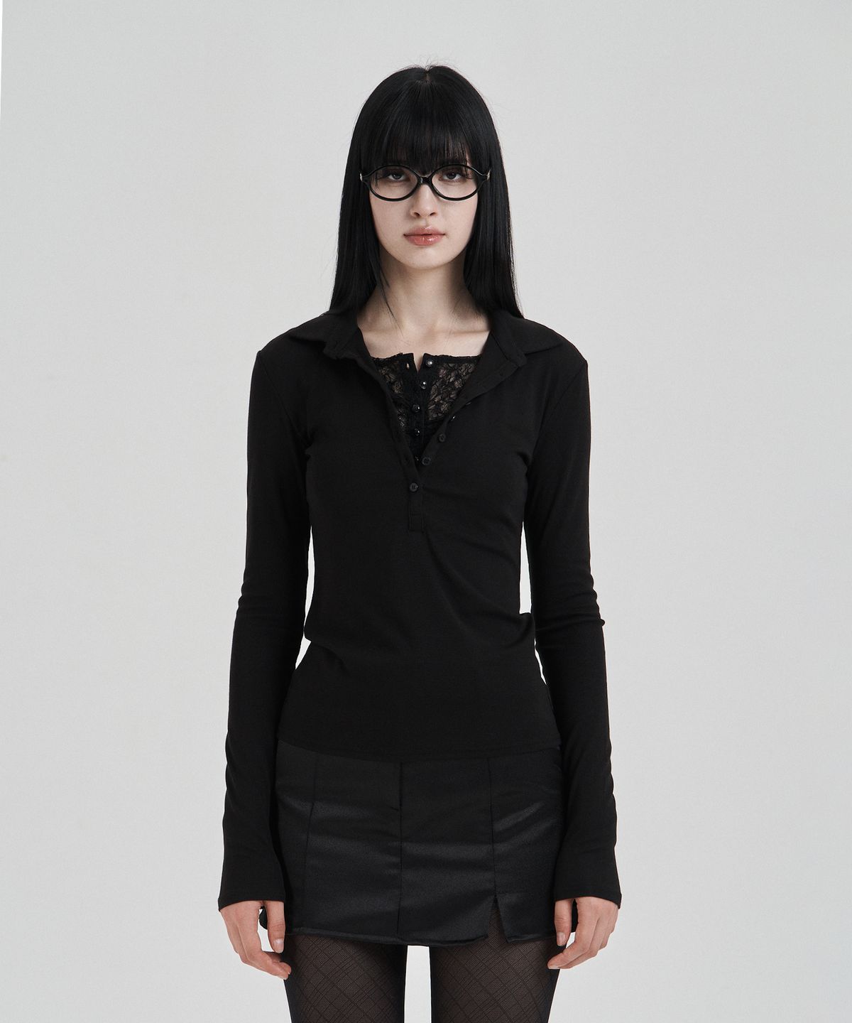 일리오(ILLIO) Black Lace layered longsleeve polo shirts