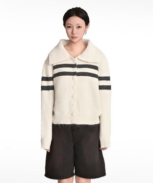 울혼방 빅카라 스트라이프 버튼 가디건_아이보리