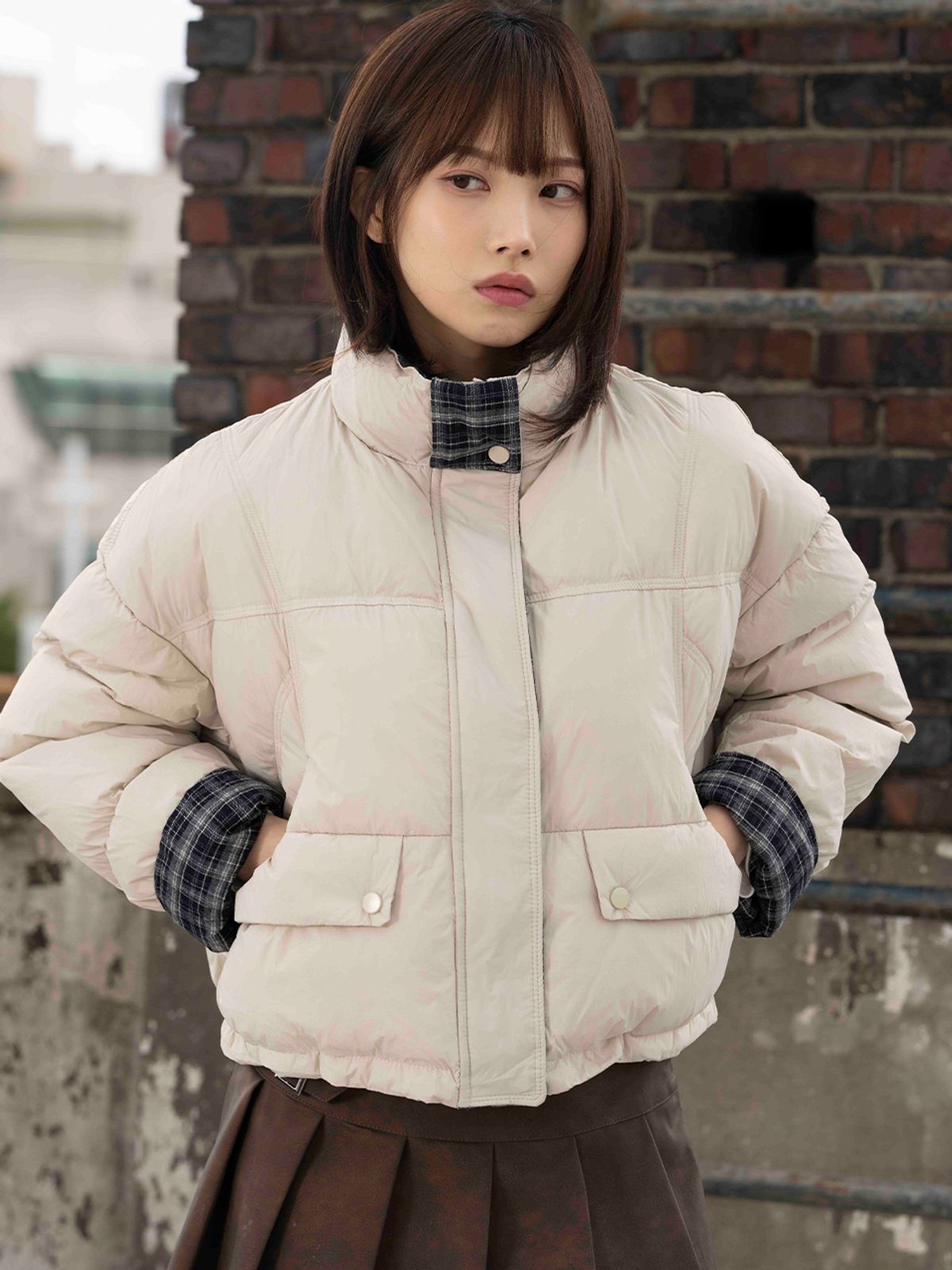 더그린랩(THE GREEN LAB) 체크 배색 바라클라바 패딩 점퍼 [라이트 베이지]