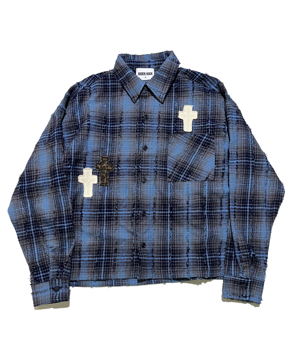 스케이터락(SK8ER ROCK) Cross Tassel Check Shirt ((blue))