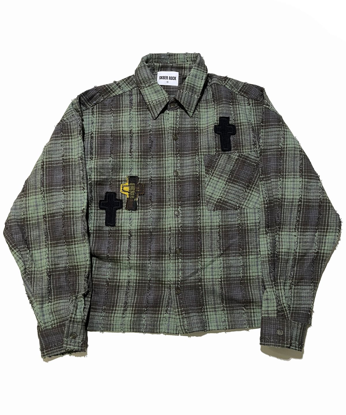 스케이터락(SK8ER ROCK) Cross Tassel Check Shirt ((khaki))