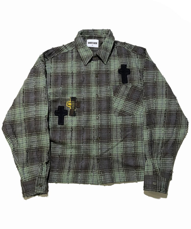 Cross Tassel Check Shirt ((khaki))