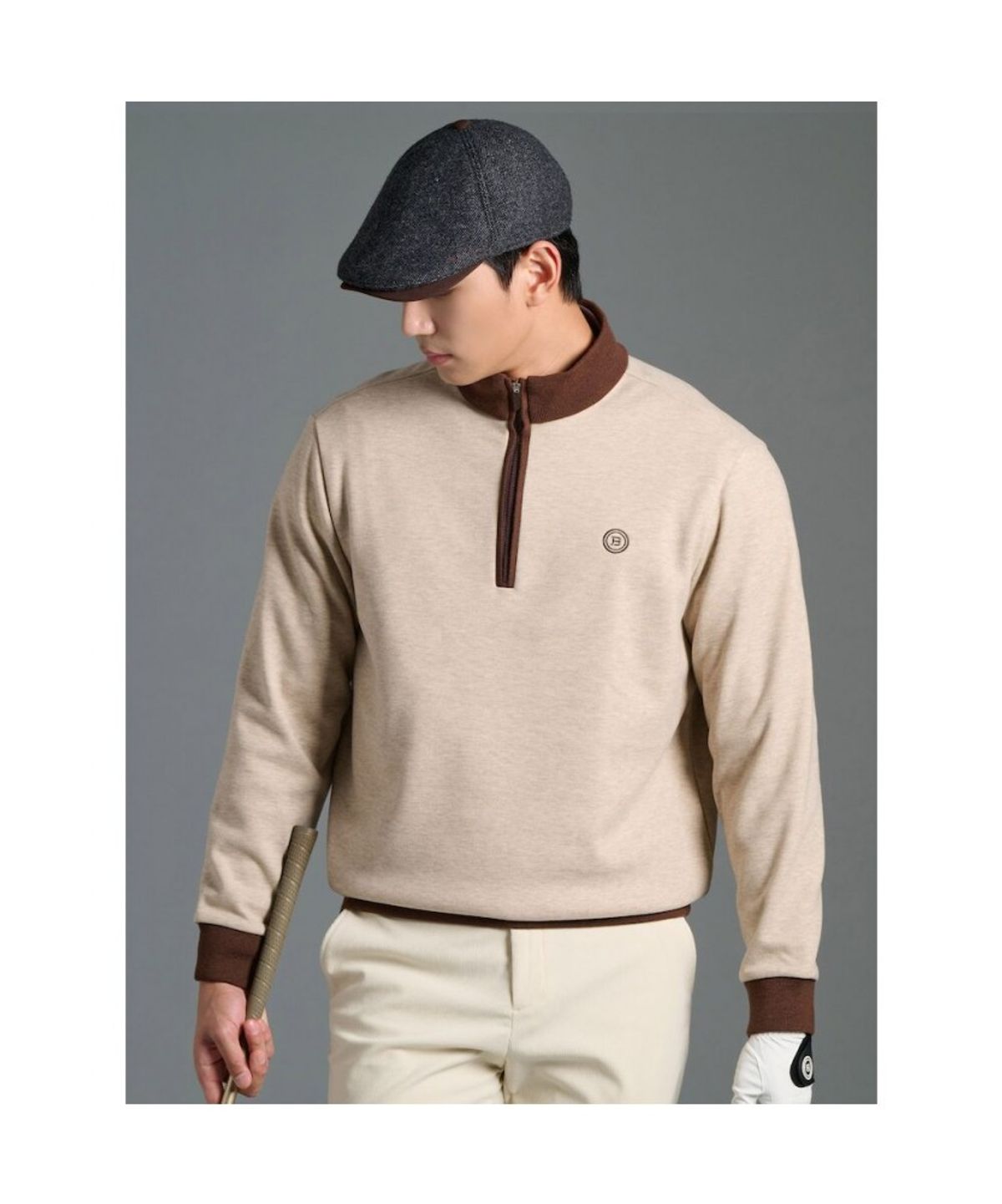 빈폴골프(BEANPOLE GOLF) 남성 니트라이크 하프 집업 티셔츠 - 베이지