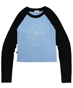 웨이브 펄 핫피스 레이스 골지 라글랑 티셔츠_스카이