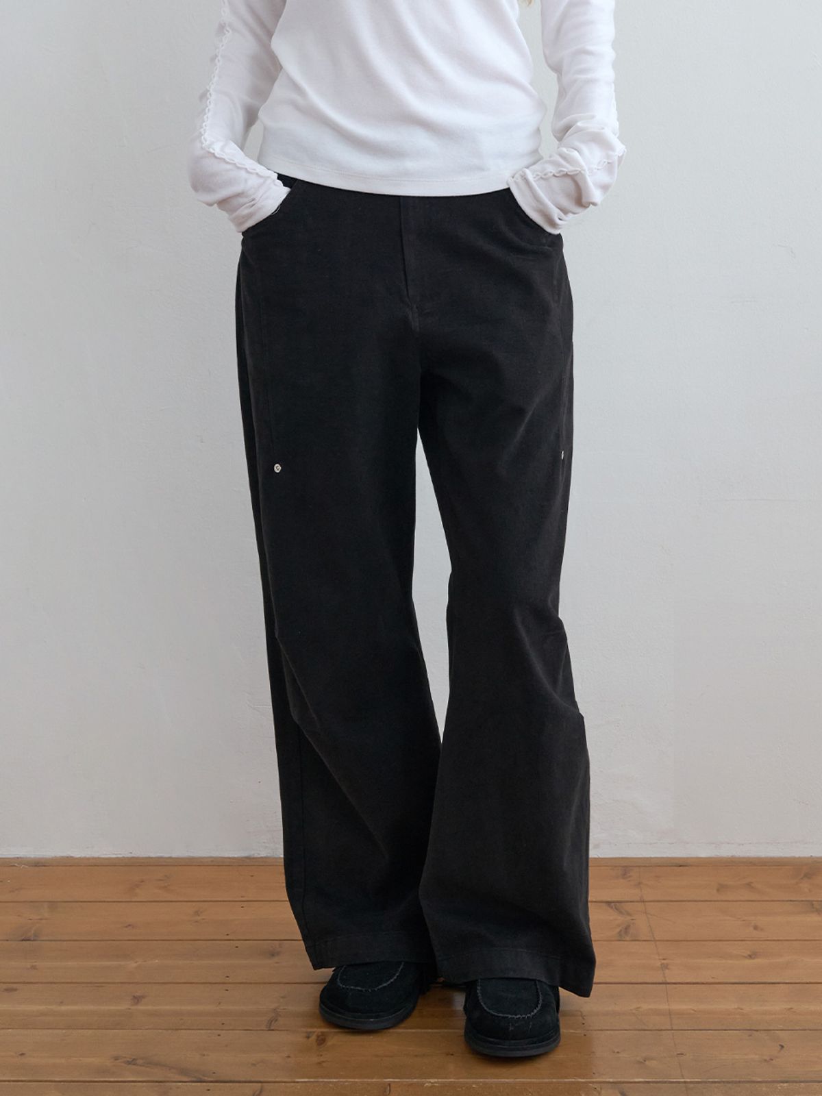 기준(KIJUN) Pleated Knee Wide Pants Black