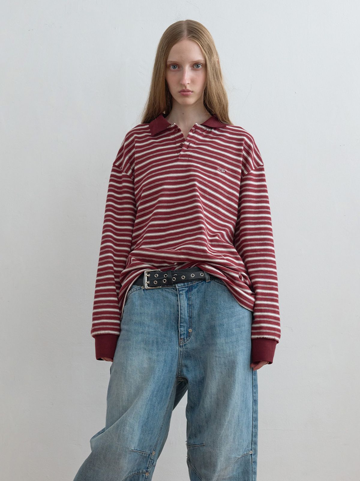 기준(KIJUN) Striped Polo Shirt Burgundy