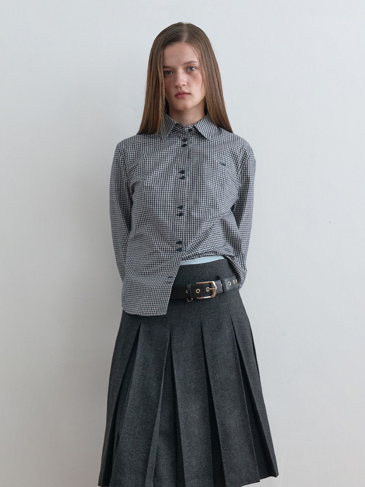 기준(KIJUN) Twin Button Check Shirt Navy