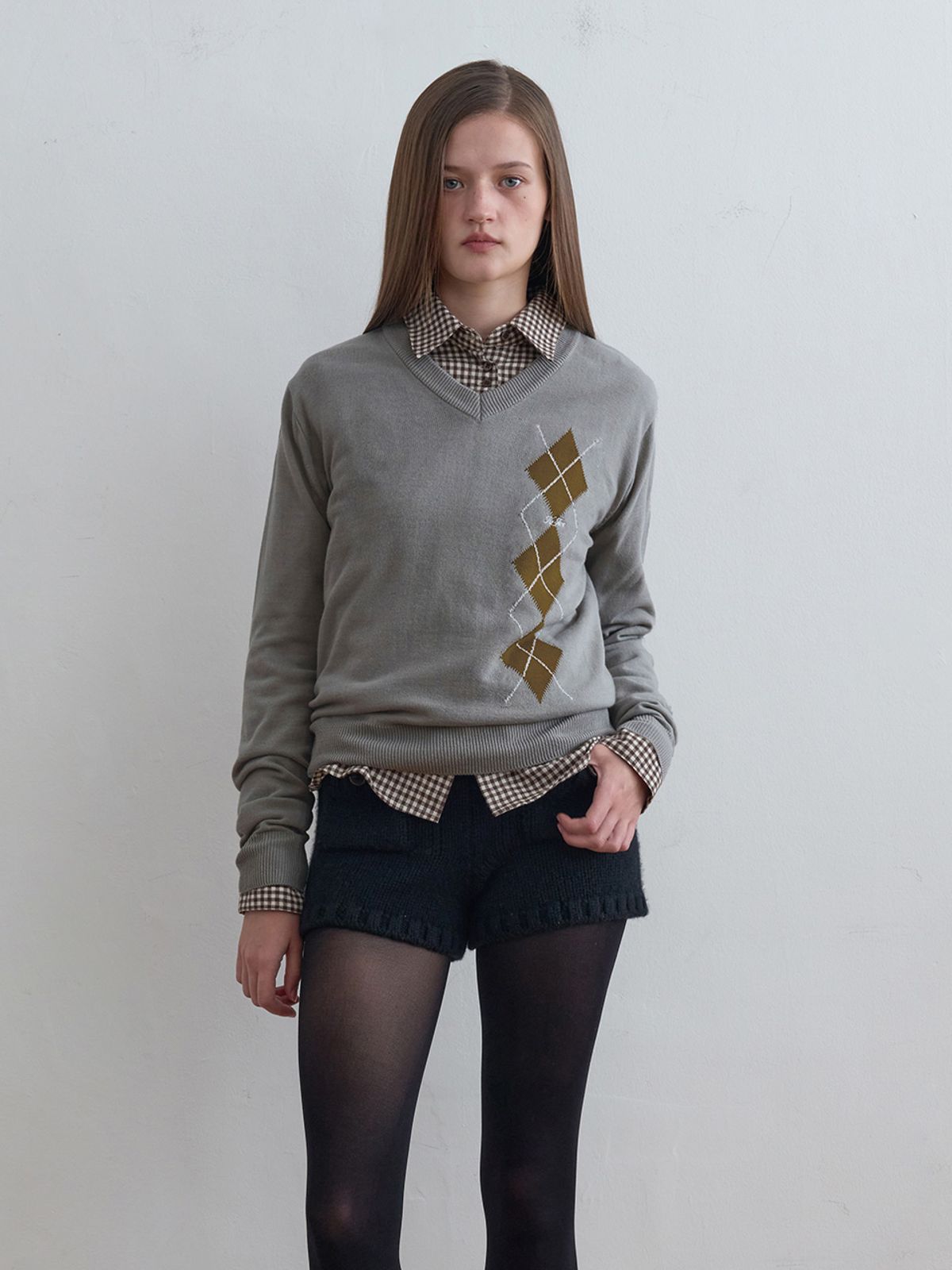 기준(KIJUN) Argyle V-Neck Knit Melange Grey