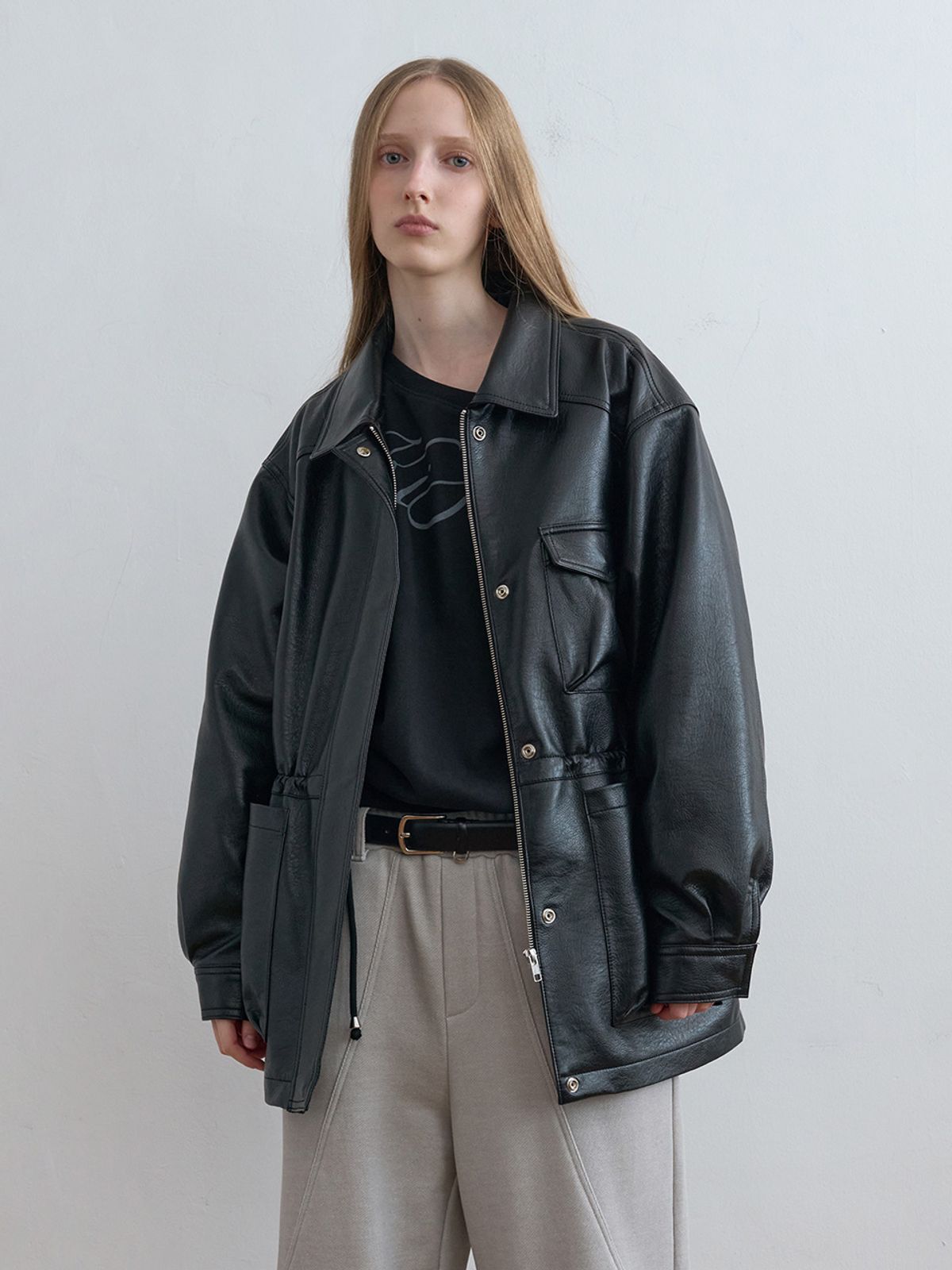기준(KIJUN) Oversized Leather Jacket Black