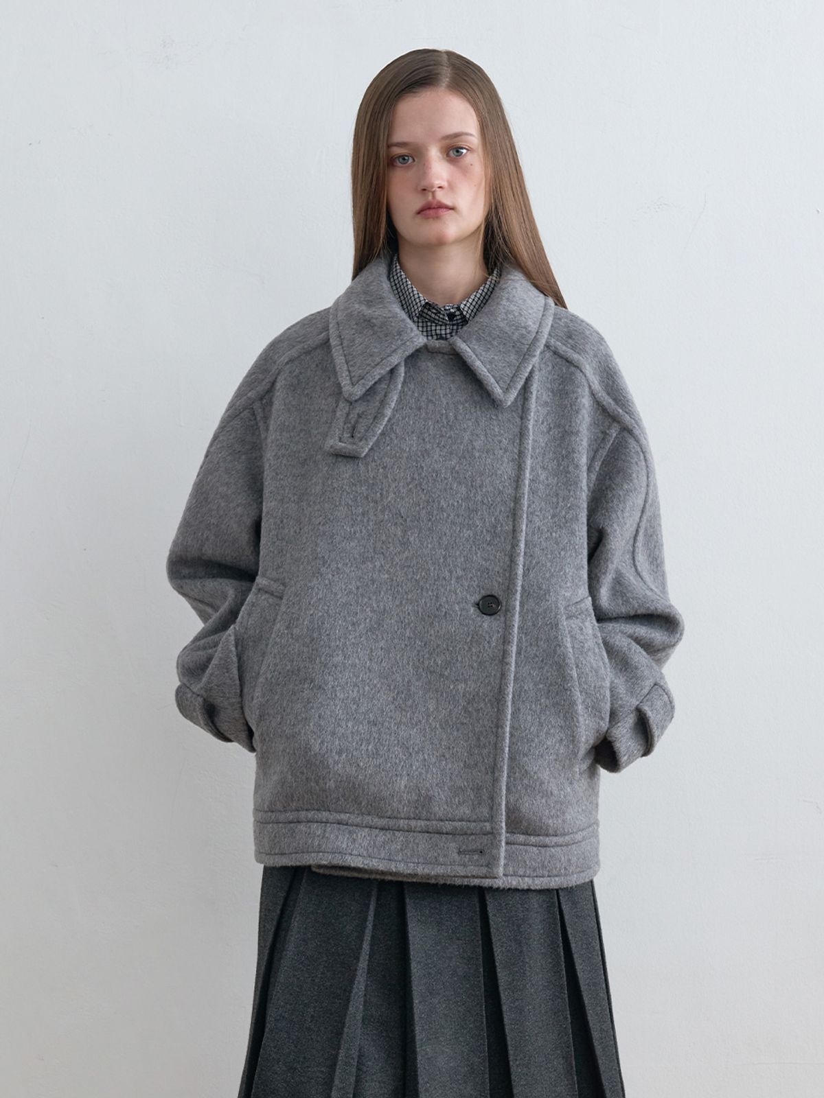 기준(KIJUN) Wool High Neck Half Coat Melange Grey