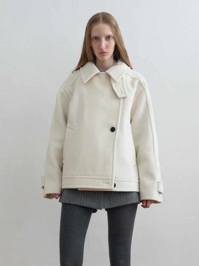 Wool High Neck Half Coat Ivory