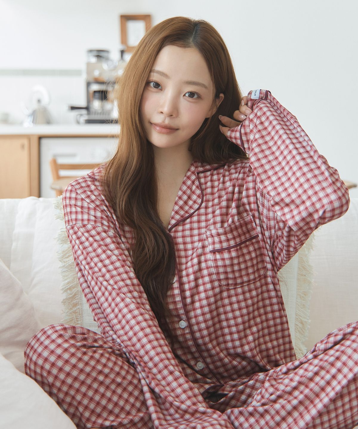 오프아워(OFFHOUR) 캐빈 체크 피치플러프 긴팔 잠옷 세트 2colors