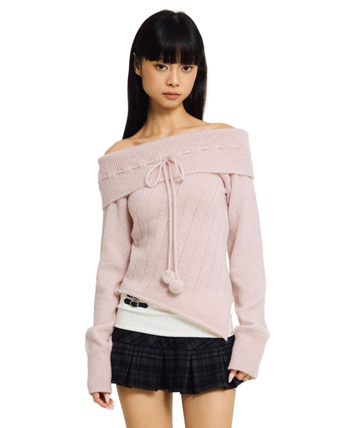 포어링(FORUSRING) Cotton candy off-shoulder knit (pink)